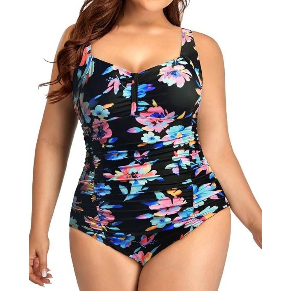 Daci Women Floral One Piece Swimsuit Black Ruched Tummy Control 22W NWT
